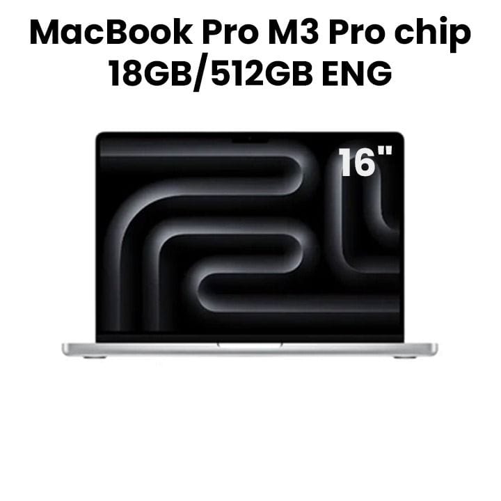 آبل ماك بوك برو 16 بوصة شريحة M3 برو معالج 12 نوى CPU و18 نوى GPU، 18 جيجابايت رام، 512 جيجابايت SSD (إنجليزي) - فضي | MRW43ZS/A
