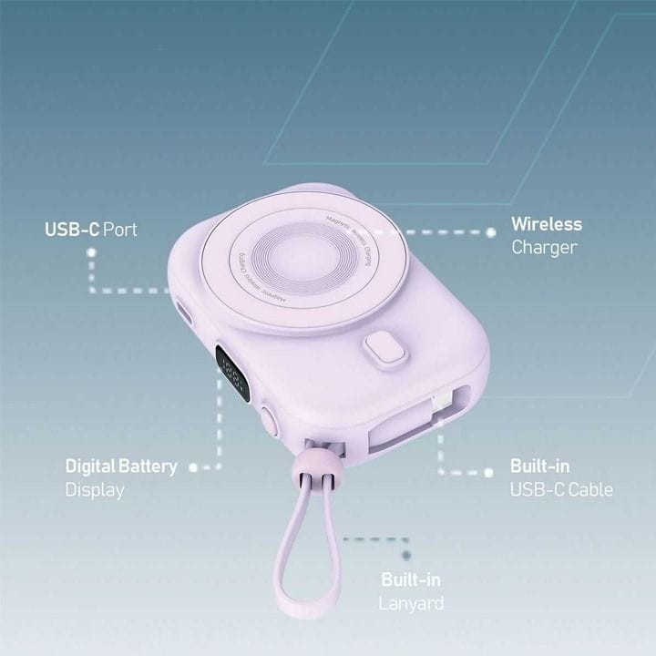 موكسيدو بنك طاقة لاسلكي ٨٠٠٠ مللي أمبير مع كابل Type-C مدمج - بنفسجي | MX-PBH036-PL