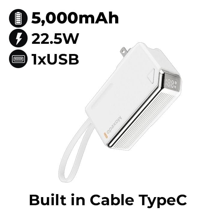 Moxedo Porta-Go 5000mAh Power Bank with AC Plug, USB-C Cable & 2 Travel Adapters - White | MX-PB016