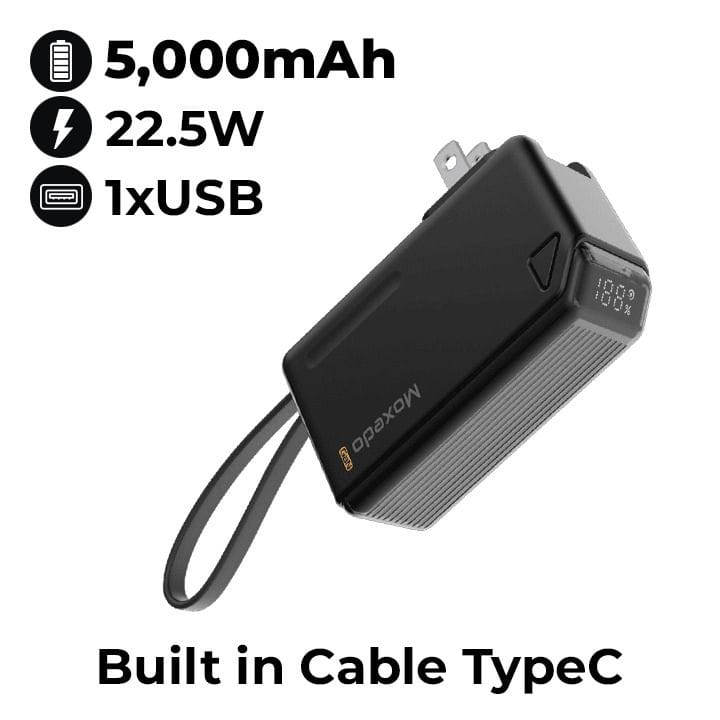 موكسيدو بنك طاقة بورتا-جو ٥٠٠٠ مللي أمبير مع قابس AC، كابل USB-C، ومحولين سفر - أسود | MX-PB015