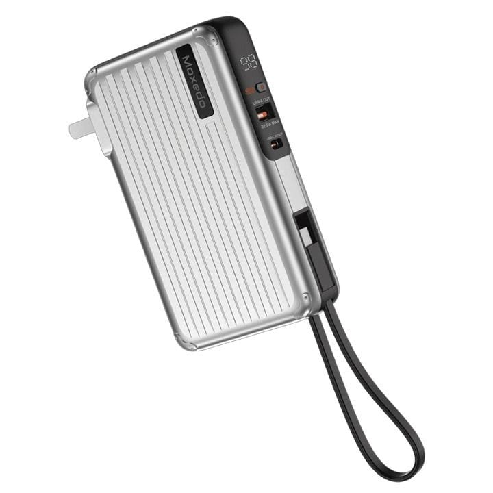 موكسيدو بنك طاقة بورتا-جو ١٠٠٠٠ مللي أمبير مع قابس AC، كابل USB-C، ومحولين سفر - أبيض | MX-PB014