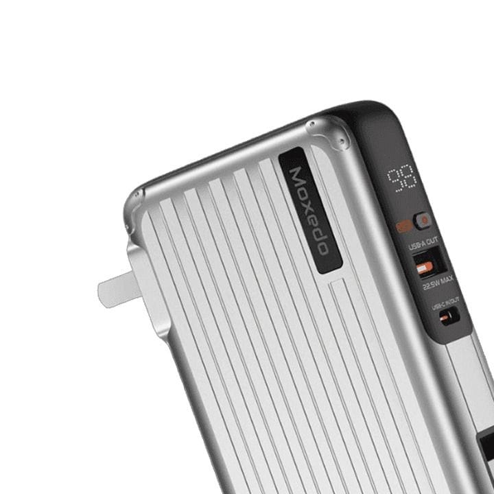 موكسيدو بنك طاقة بورتا-جو ١٠٠٠٠ مللي أمبير مع قابس AC، كابل USB-C، ومحولين سفر - أبيض | MX-PB014