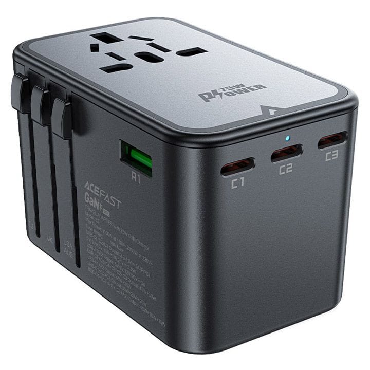 محول شحن GaN متعدد الوظائف بقدرة 75 واط من آيسفاست (3 منافذ نوع سي + 2 عادي) - أسود رمادي | Z1