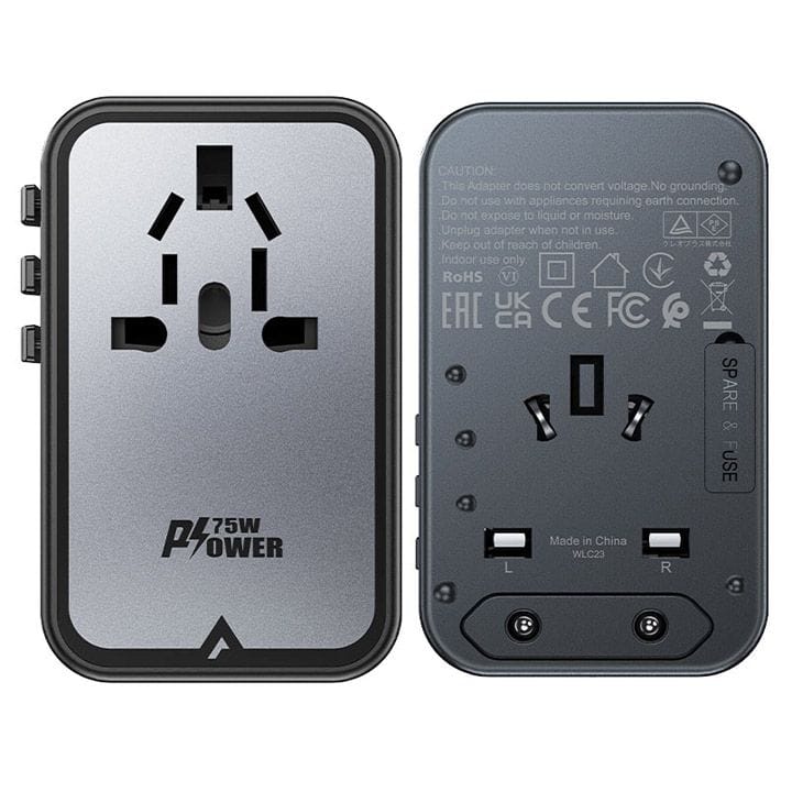 محول شحن GaN متعدد الوظائف بقدرة 75 واط من آيسفاست (3 منافذ نوع سي + 2 عادي) - أسود رمادي | Z1