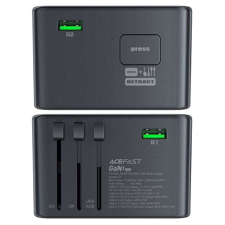 محول شحن GaN متعدد الوظائف بقدرة 75 واط من آيسفاست (3 منافذ نوع سي + 2 عادي) - أسود رمادي | Z1
