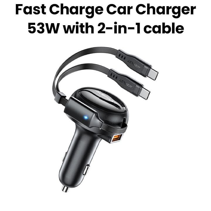 Acefast 53W 2-in-1 Car Charger (2*USB-C) with Retractable Cable - Black | B13