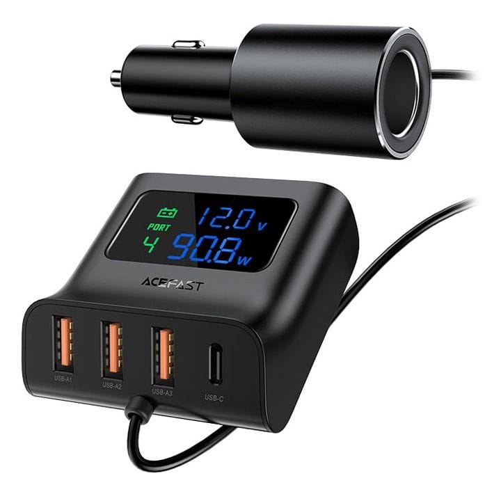 Acefast Digital Display Car Hub Charger - Black | B8