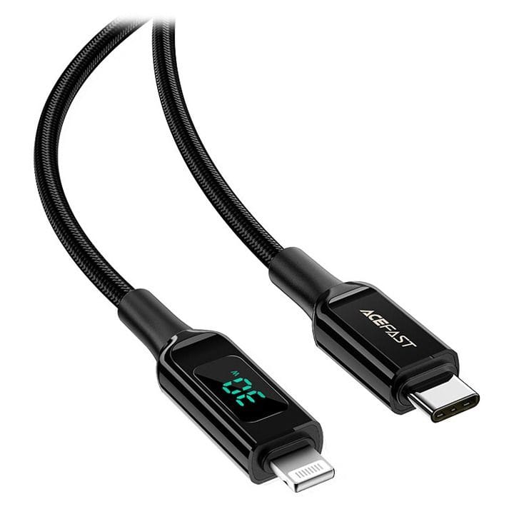 كابل شحن ونقل بيانات من أيسفاست من يو إس بي-سي إلى لايتنينج من سبيكة الزنك مع شاشة رقمية مضفرة - أسود | C6-01