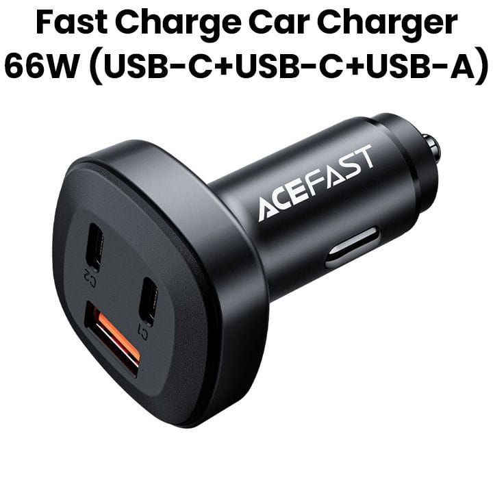 شاحن سيارة معدني من آيسفاست بثلاثة مخارج (2 نوع سي + عادي) بقدرة 66 واط - أسود | B3