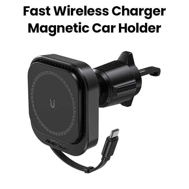Acefast Magnetic Wireless Charging Car Holder with Retractable Cable for Air Vent - Black | D32