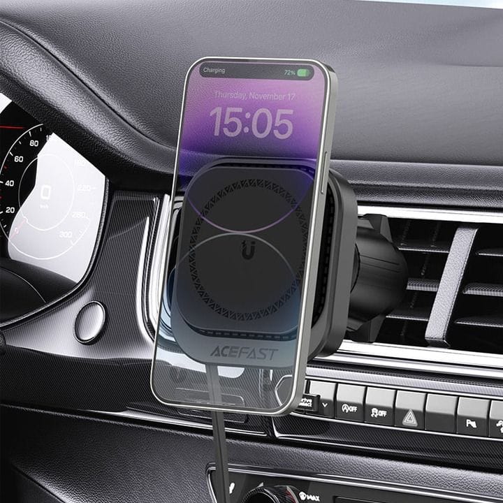Acefast Magnetic Wireless Charging Car Holder with Retractable Cable for Air Vent - Black | D32