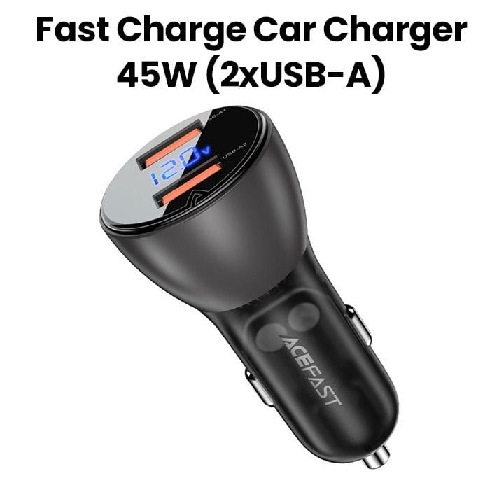 Acefast 45W Metal Car Charger (USB-A+USB-A) with Digital Display - Black | B7