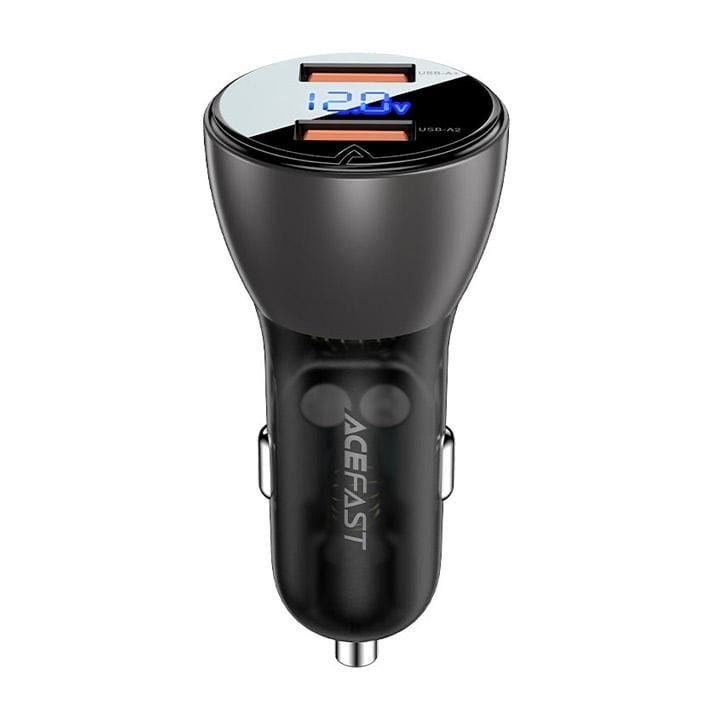 Acefast 45W Metal Car Charger (USB-A+USB-A) with Digital Display - Black | B7