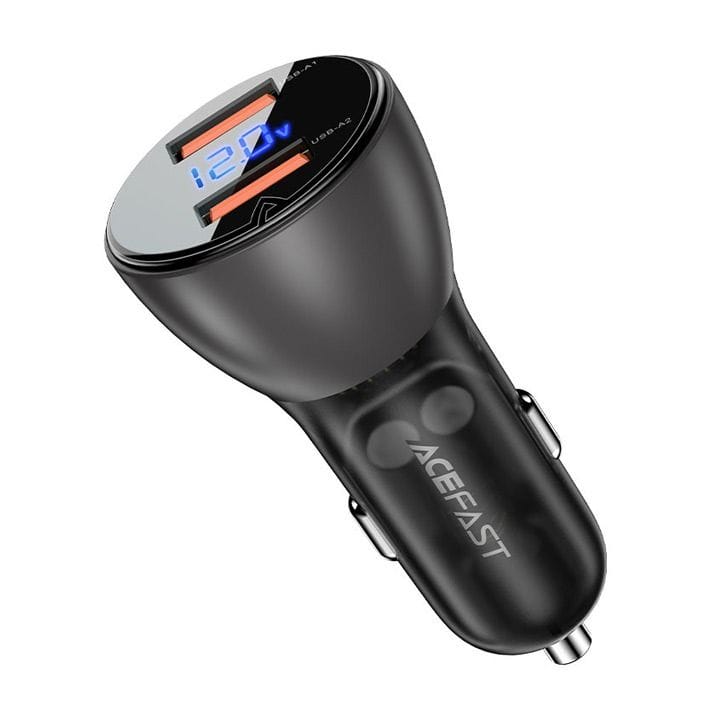 Acefast 45W Metal Car Charger (USB-A+USB-A) with Digital Display - Black | B7