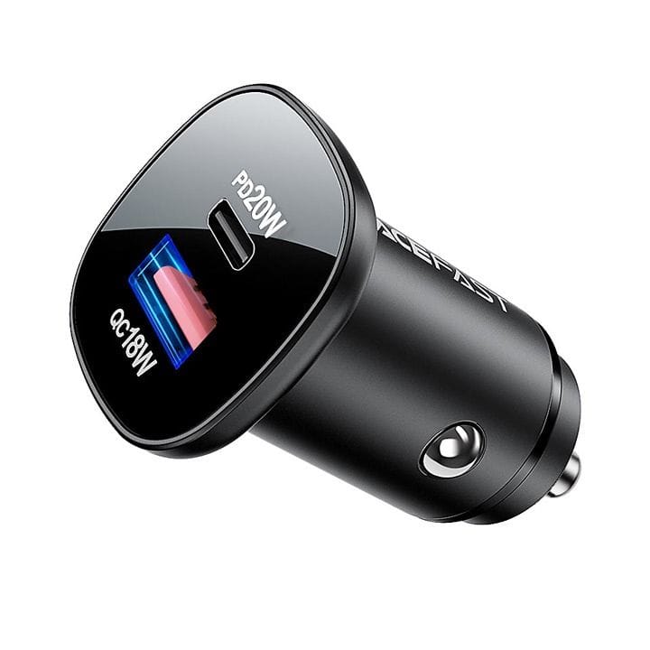 شاحن سيارة معدني صغير مزدوج المنافذ من آيسفاست بقدرة 38 واط (نوع سي + عادي) - أسود | B1