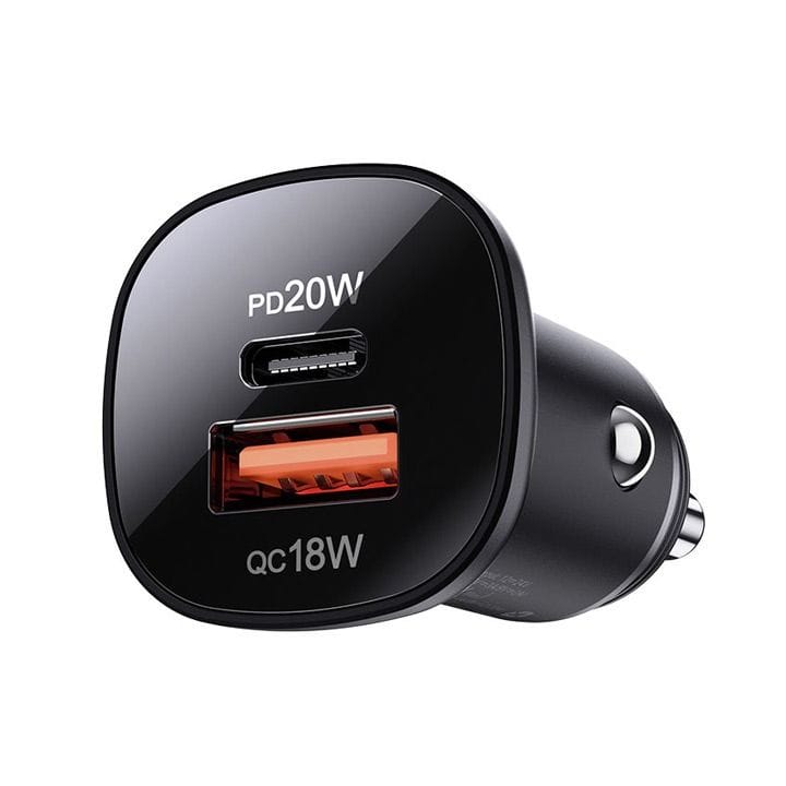 شاحن سيارة معدني صغير مزدوج المنافذ من آيسفاست بقدرة 38 واط (نوع سي + عادي) - أسود | B1