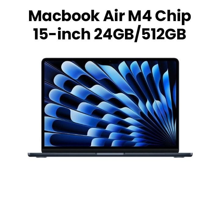 Apple MacBook Air 24GB RAM 512GB SSD 15 Inch, M4 Chip With 10-Core CPU and 10-Core GPU, Liquid Retina Display - Midnight - MC6L4ZS/A
