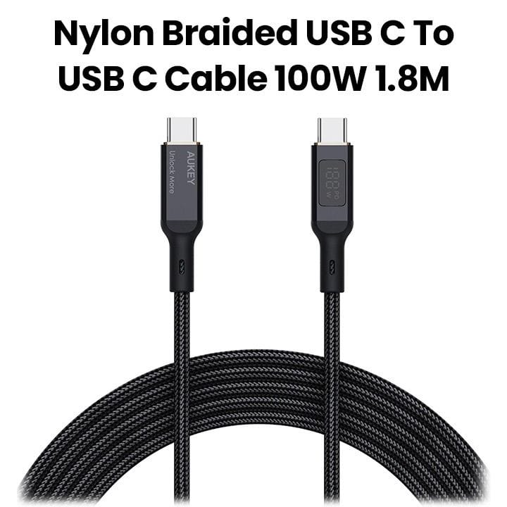 Aukey 1.8M 100W Nylon Braided USB-C to USB-C Cable with LCD Display -Black |CB-MCC102 BK