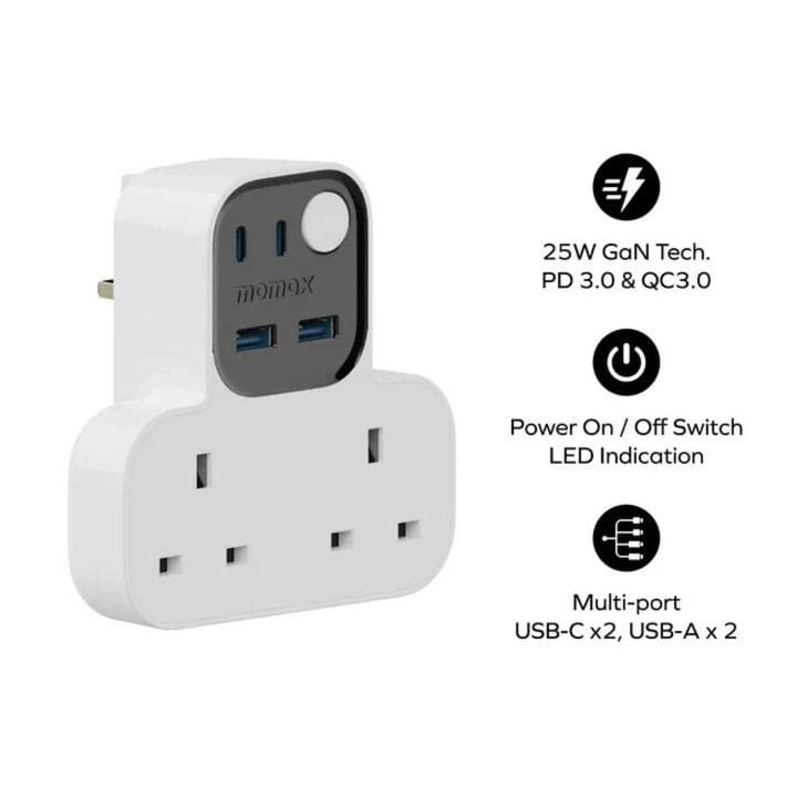 Momax Work Flow T-Shaped Extension 2 Socket with USB - White |US17UKW
