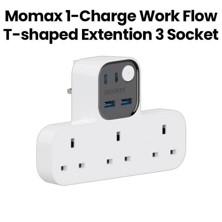 Momax Work Flow T-Shaped Extension 3 Socket with USB - White |US19UKW