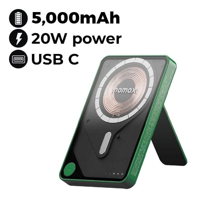 مومكس باور إكس برو بنك طاقة لاسلكي مغناطيسي ٥٠٠٠ مللي أمبير مع حامل وكابل مدمج من نوع USB-C - أخضر | IP131HKG