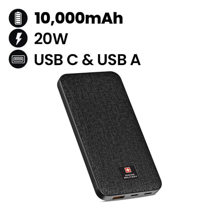 Swiss Military Power Bank 10,000mAh 2C1A with PD Fast Charge Black |SM-PB-10K-2C1A-PD-FASTCHRG | 5 Years Warranty