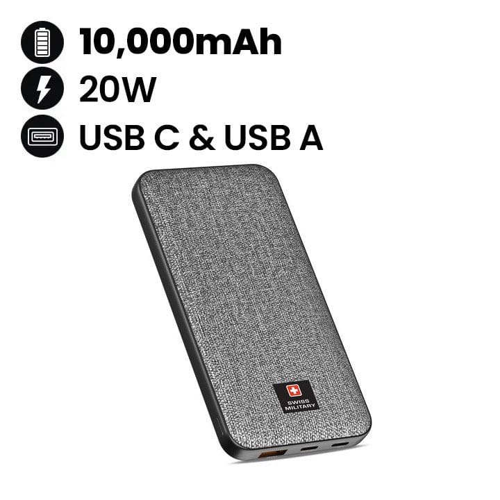 باور بانك 10000 مللي أمبير من سويس ميلتاري 2C1A مع شحن سريع PD - رمادي | SM-PB-10K-2C1A-PD-FASTCHRG
