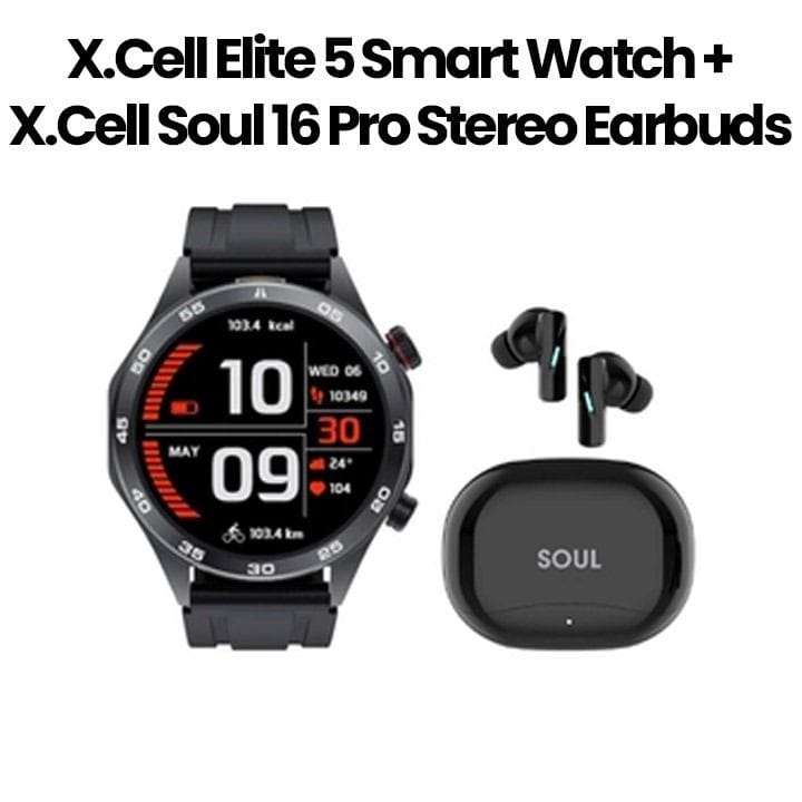 إكسل ساعة ذكية ايليت 5 حزام أسود + سماعات أذن Soul 16 Pro ستيريو - أسود | XL-BD-ELITE5BLKS-SOUL16PRO