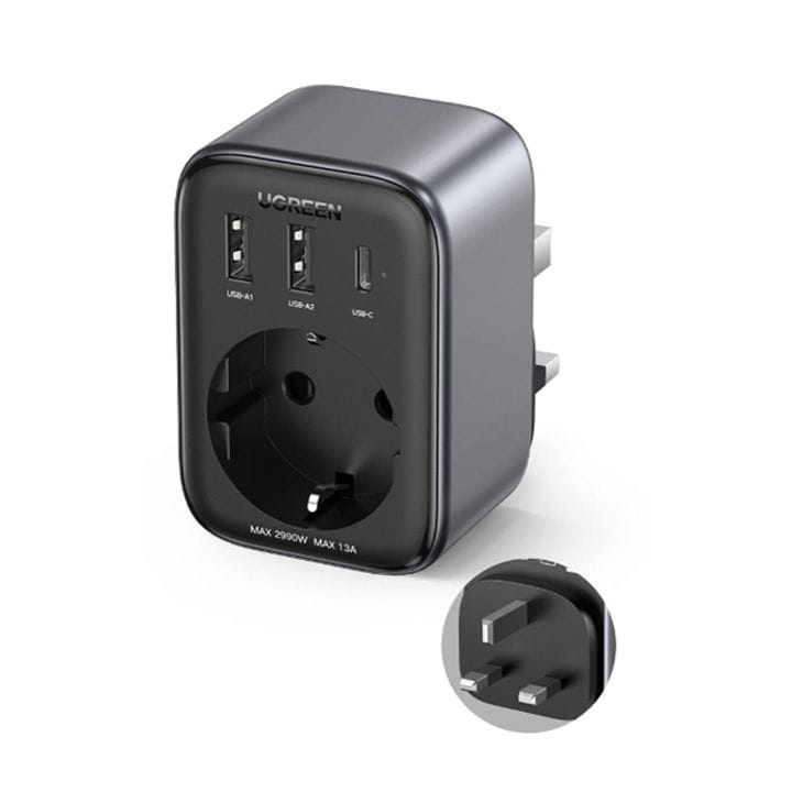 UGREEN 30W USB-A + USB-C PD Charger Stop Kontakt Outlet Extender - Black | UG-AC-30W-EXTNDER-CD314