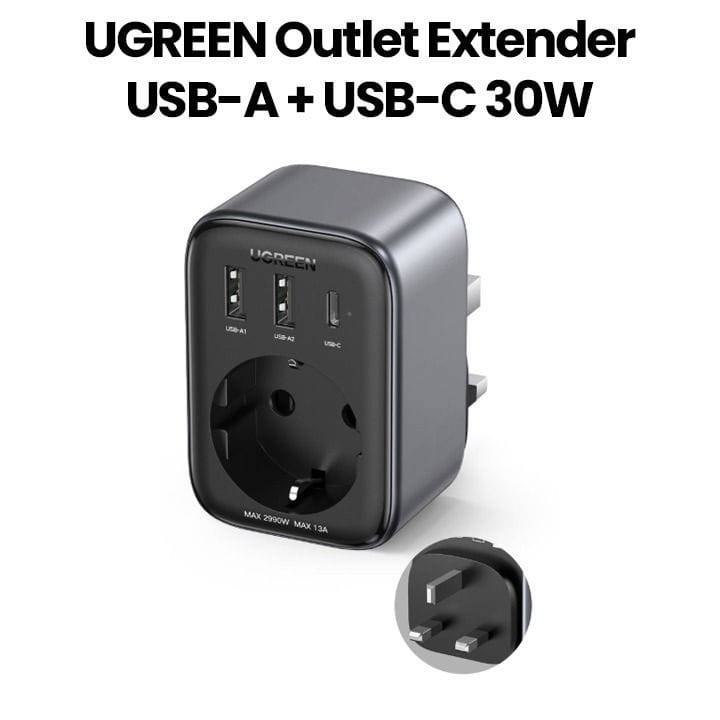 UGREEN 30W USB-A + USB-C PD Charger Stop Kontakt Outlet Extender - Black | UG-AC-30W-EXTNDER-CD314