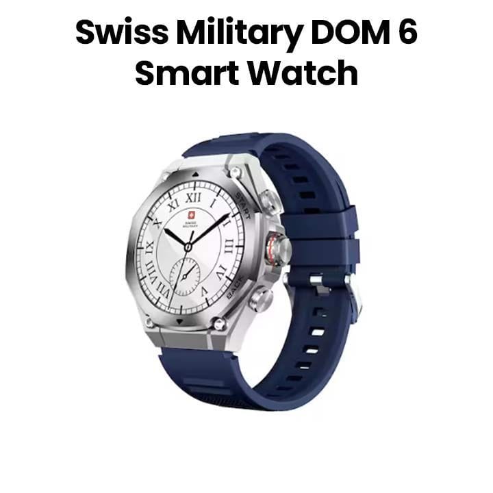 سويس ميليتاري ساعة ذكية بإطار فضي وسوار سيليكون أزرق SM-WCH-DOM6-SILF-BLUSS