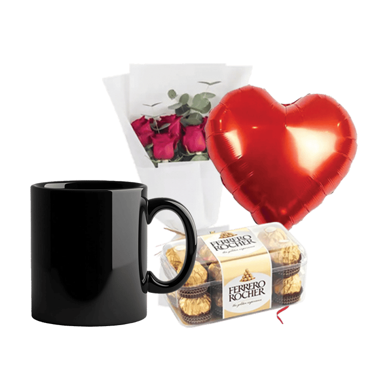 Ceramic Mug Bundle (Personalized Black Ceramic Magic Mug, Flowers, Balloon & Chocolate)
