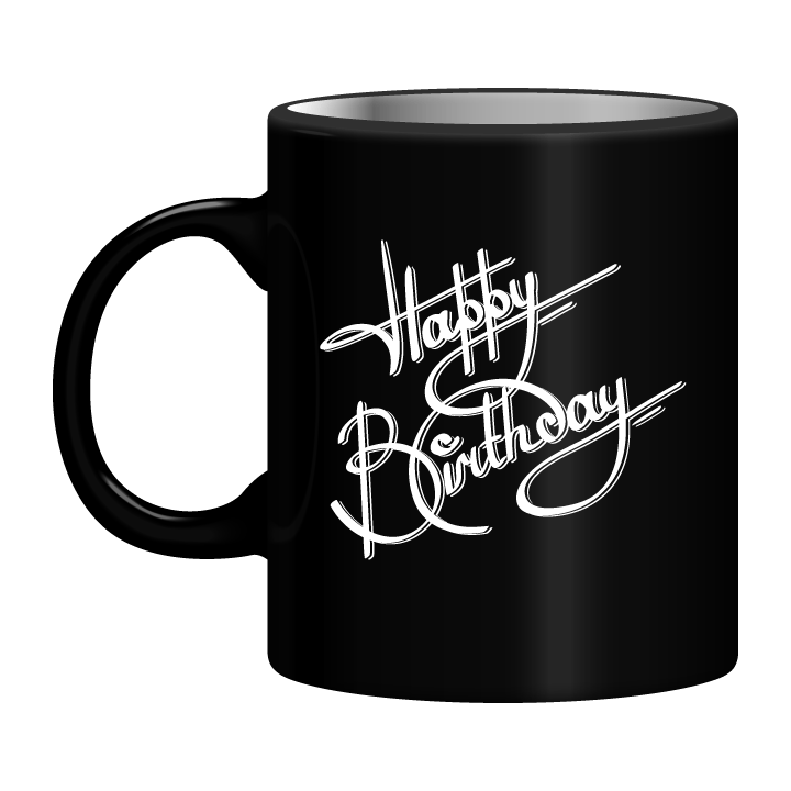 Black Mug Printed in White Happy Birthday