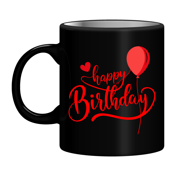 كوب أسود مطبوع باللون الأحمر "عيد ميلاد سعيد"