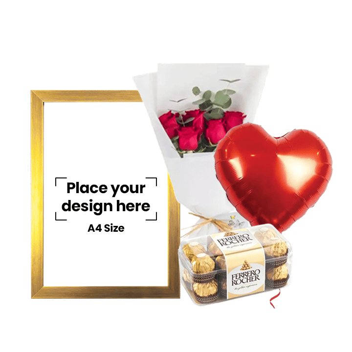 A4 Photo Frame Bundle (Personalized Brown Photo Frame, Flowers, Balloon & Chocolate)