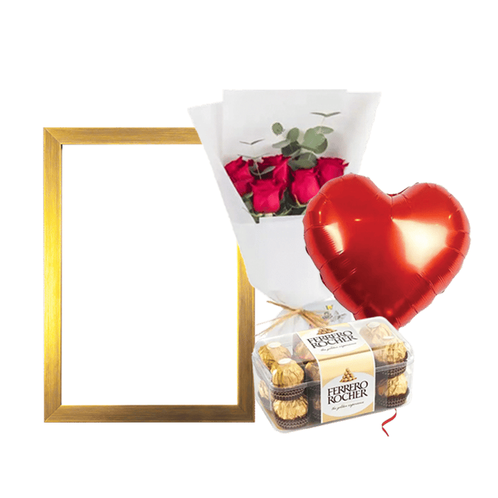 A4 Photo Frame Bundle (Personalized Brown Photo Frame, Flowers, Balloon & Chocolate)