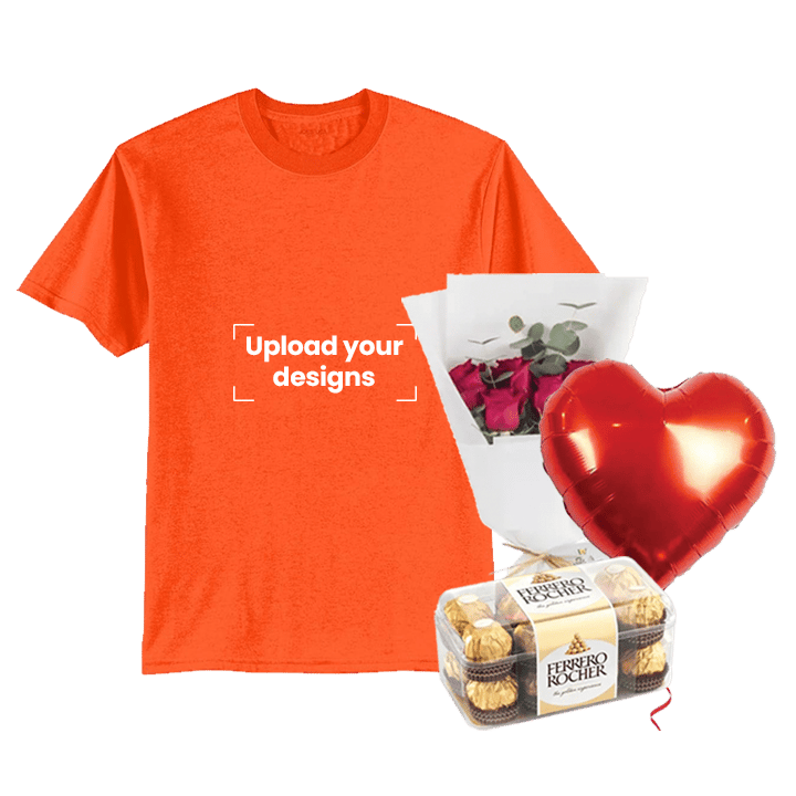 Orange T-Shirt  Bundle (Personalized Orange T-Shirt, Flowers, Balloon & Chocolate) - Small