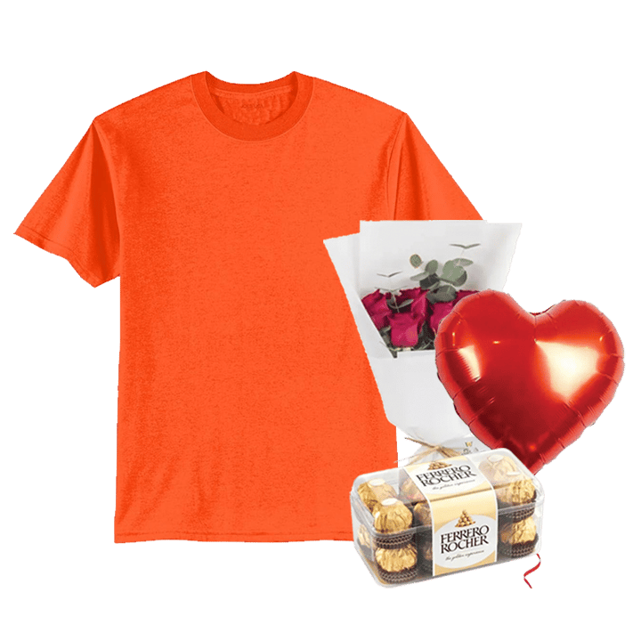 Orange T-Shirt  Bundle (Personalized Orange T-Shirt, Flowers, Balloon & Chocolate) - Small