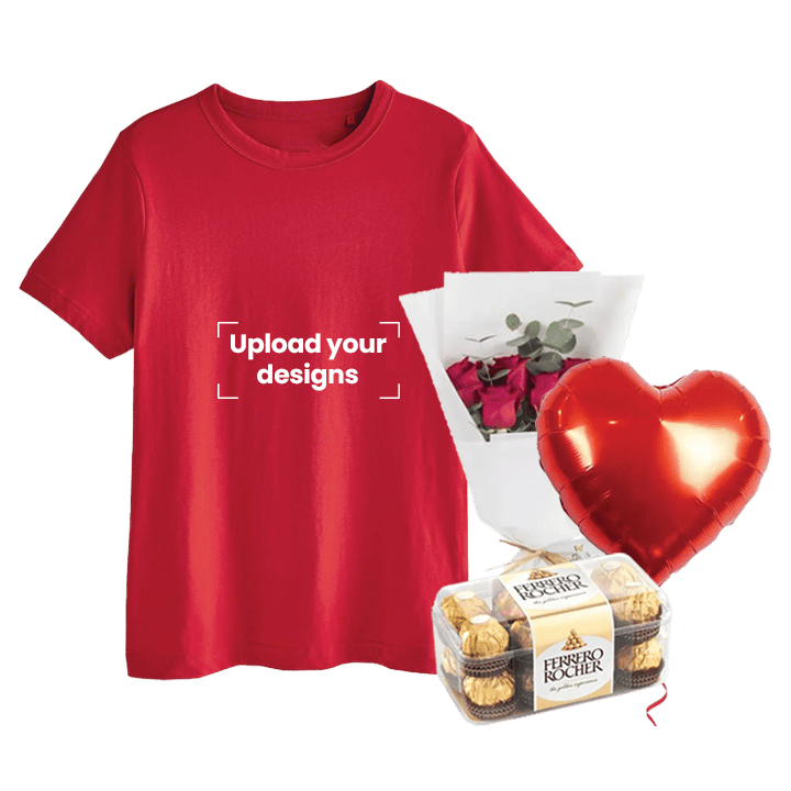 Light Red T-Shirt  Bundle (Personalized Light Red T-Shirt, Flowers, Balloon & Chocolate) - Small