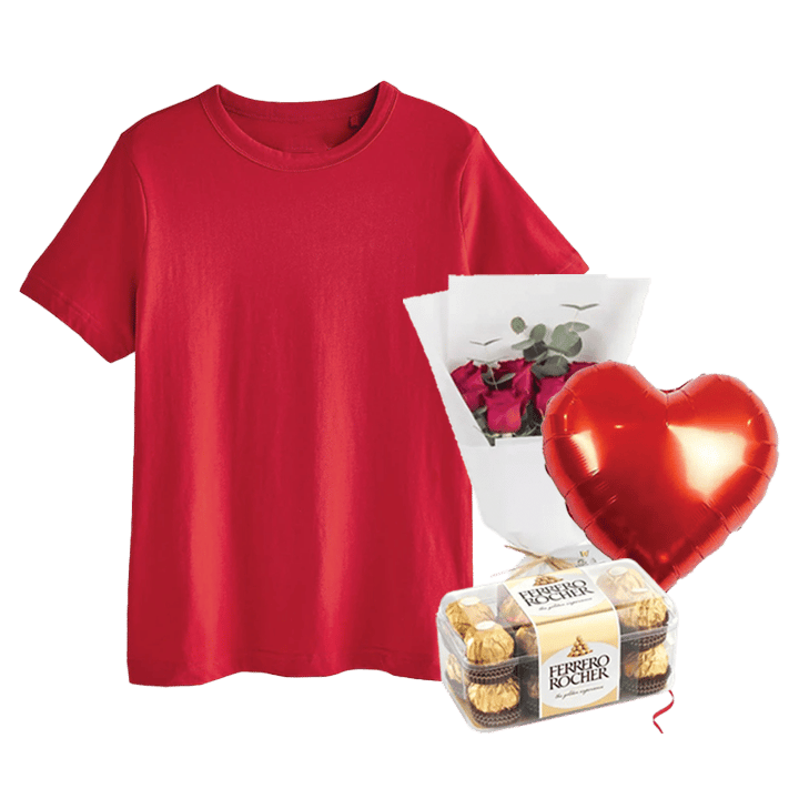 Light Red T-Shirt  Bundle (Personalized Light Red T-Shirt, Flowers, Balloon & Chocolate) - Small