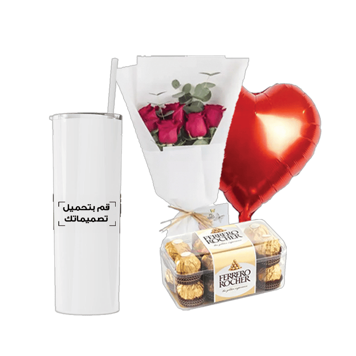 مجموعة زجاجة ماء (زجاجة ماء مع مصاصة مخصصة، زهور، بالون، وشوكولاتة)