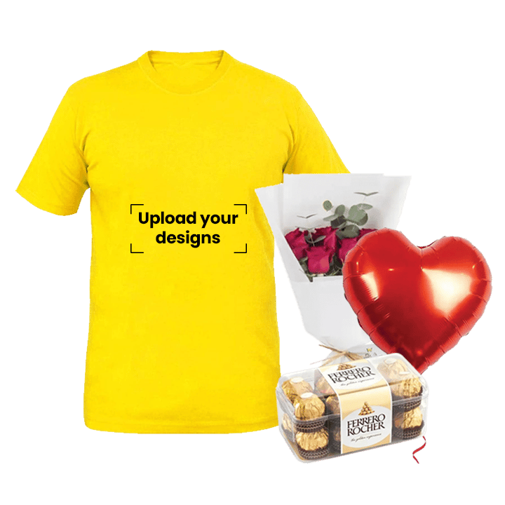 مجموعة تيشيرت أصفر (تيشيرت أصفر مخصص، زهور، بالون، وشوكولاتة) – XXL