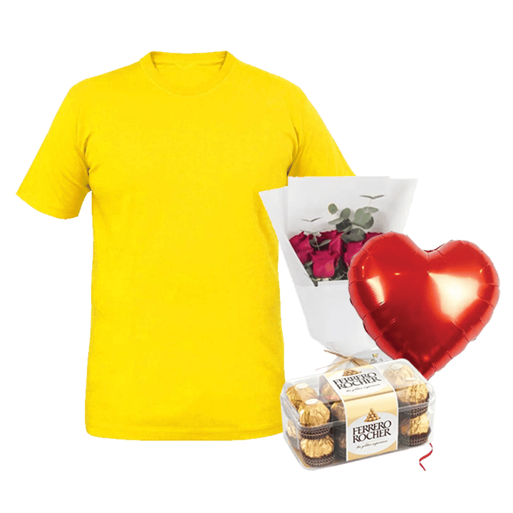 مجموعة تيشيرت أصفر (تيشيرت أصفر مخصص، زهور، بالون، وشوكولاتة) – XXL