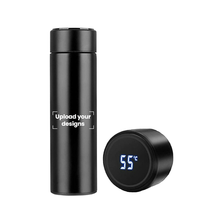 Vaccum Flask Printed with Your Personalized Design - Digital Temperature Water Bottle - Black