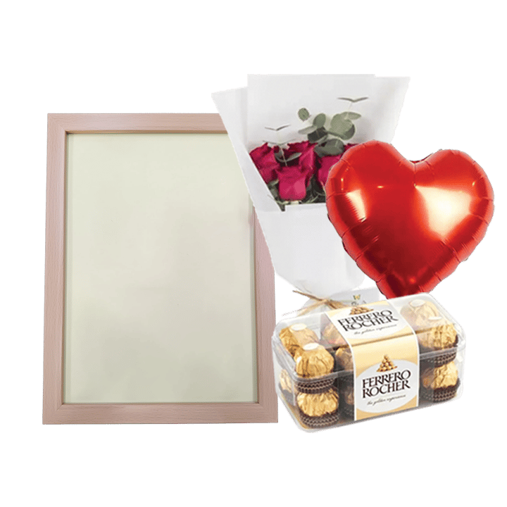 A4 Photo Frame Bundle (Personalized Oak Wood Photo Frame, Flowers, Balloon & Chocolate)