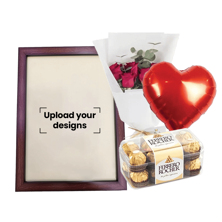مجموعة إطار صورة A4 (إطار جوز داكن مخصص، زهور، بالون، وشوكولاتة)