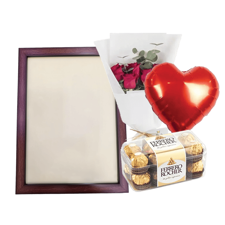 مجموعة إطار صورة A4 (إطار جوز داكن مخصص، زهور، بالون، وشوكولاتة)
