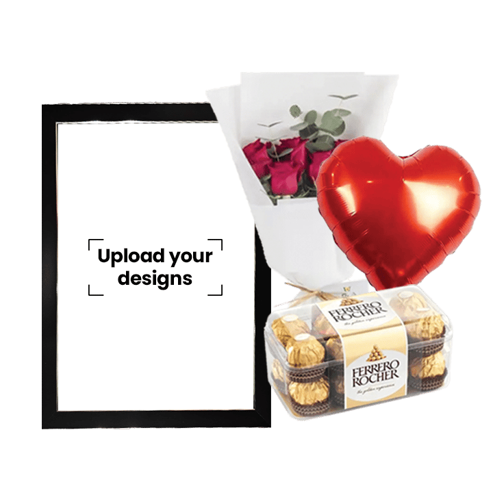 A3 Photo Frame Bundle (Personalized Black & Silver Photo Frame, Flowers, Balloon & Chocolate)