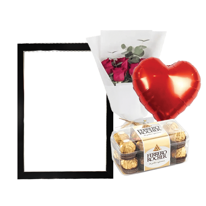 A5 Photo Frame Bundle (Personalized Black & Silver Photo Frame, Flowers, Balloon & Chocolate)