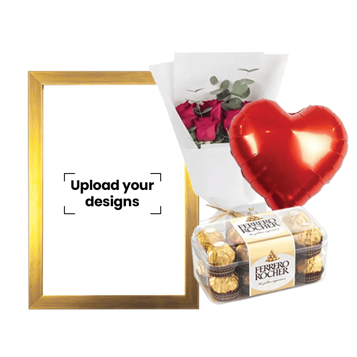 A5 Photo Frame Bundle (Personalized Golden Photo Frame, Flowers, Balloon & Chocolate)